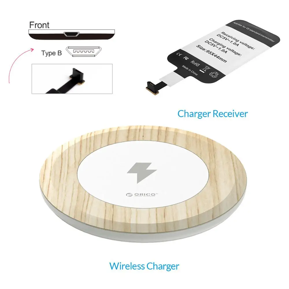 Беспроводное зарядное устройство Orico Wood для iPhone X 8 Plus Galaxy S8 S9 S7 samsung usb type-c QI с кабелем type-C 1 м - Цвет: TI Chip for Type-B