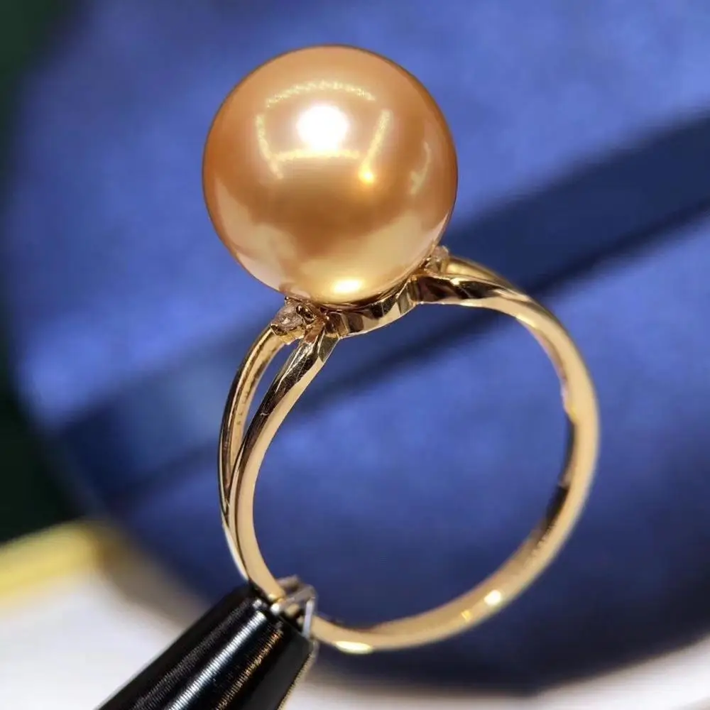 

D910 жемчужное кольцо, ювелирные изделия, Настоящее золото 18 К, Круглый 10-11 мм, натуральный морской водный золотой жемчуг, кольца для женщин, изящные подарки