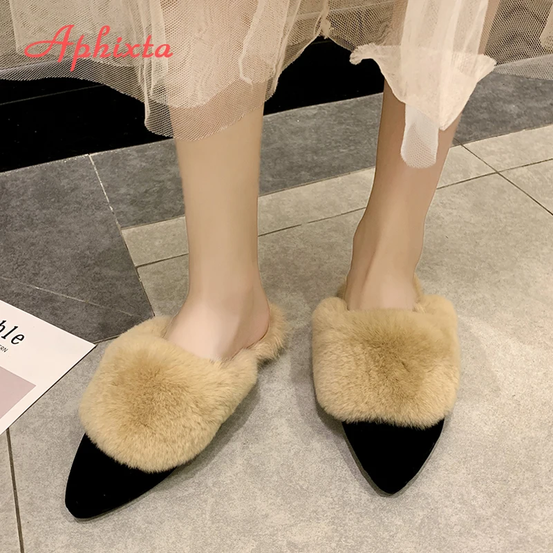 Aphixta/шлепанцы с натуральным животным мехом; женские шлепанцы с натуральным кроликом; Вьетнамки; пушистые меховые сандалии; плюшевые туфли; удивительный подарок
