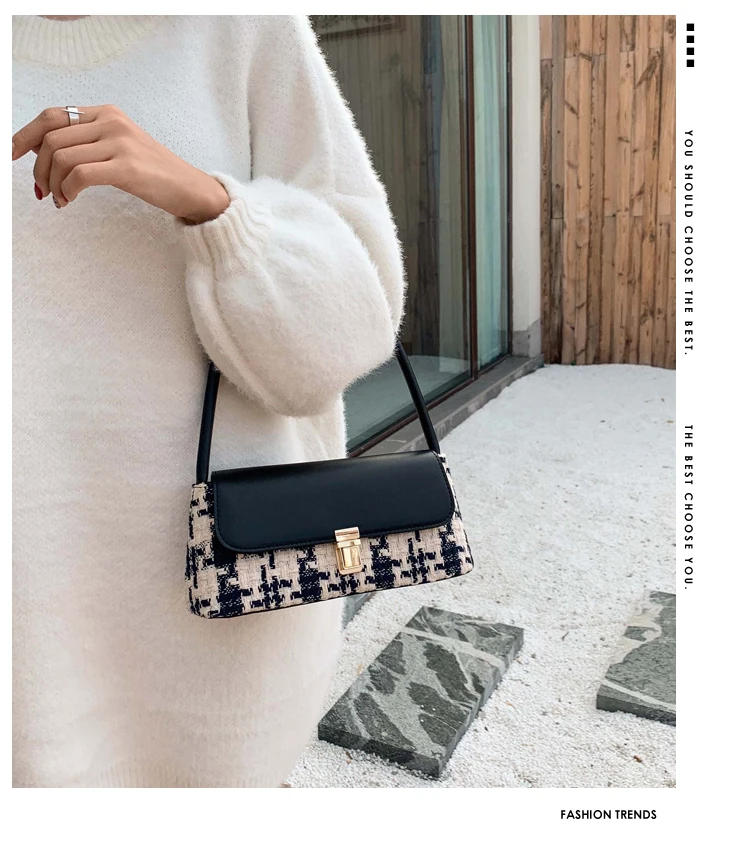 Winter Wool Plaid Small Shoulder Bag for Women Modern Handbags Mini Baguette Bags PU leather Lock Tote Black White Red Green Bag (2)