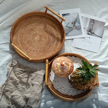 

Rattan Storage Tray, Round Basket With Handle, Hand-Woven, Rattan Tray Wicker Basket Bread Fruit Food Breakfast Display L