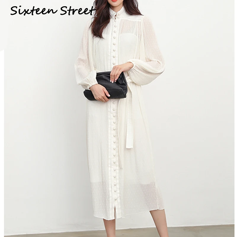 

Strand Collar Single-breasted Rayon Dress for Woman Drawstring Waist Belt Slim Long Sleeve Maxi Party Dress Woman Elegant Autum