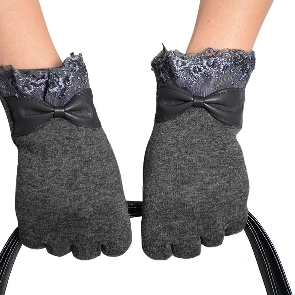 

High Quality Elegant Women Lace Warm Winter Gloves Touch Screen Sense Wrist Wool Female Lovely Bow Mittens Girls Cashmere Gloves