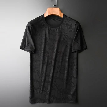 

Mens Black Jacquard High Quality Short Sleeve Round Collar Breathable Male T-shirts Plus Size 4xl Slim Man Tee