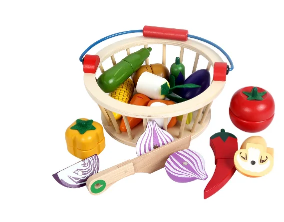 Деревянная детская корзина, кухонные игрушки для резки фруктов, овощей, миниатюрная еда для детей, детские Ранние обучающие игрушки Монтессори, подарок
