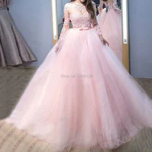 Розовые платья принцессы для выпускного вечера, сексуальные кружевные аппликации с круглым вырезом и длинным рукавом, вечерние выпускные платья, Тюлевое свадебное платье