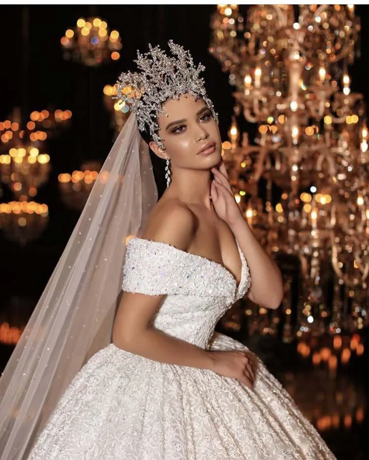 Принцесса vestidos De Novias с открытыми плечами вышитое блестящим бисером короткий рукав бальное платье Кружева шикарное роскошное свадебное платье