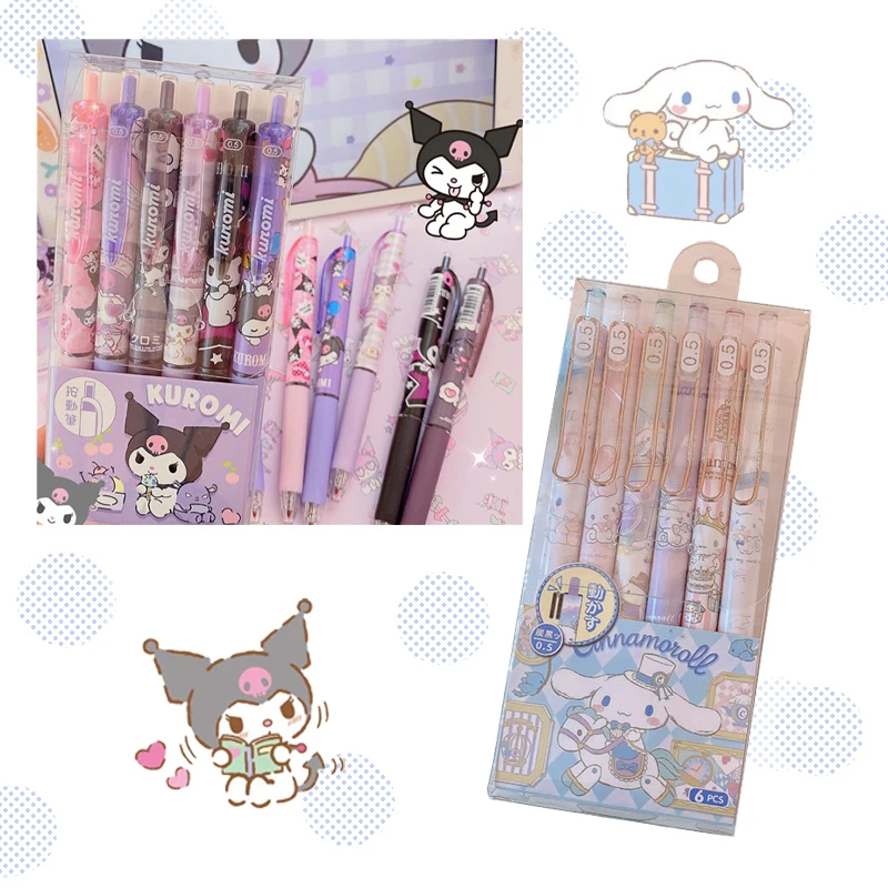 Kawaii Gel Pen Kuromi Cinnamoroll Anime Figures Black 0.5MM Writing Test Stationery New Semester Gifts One Set of 6 Pieces | Игрушки и