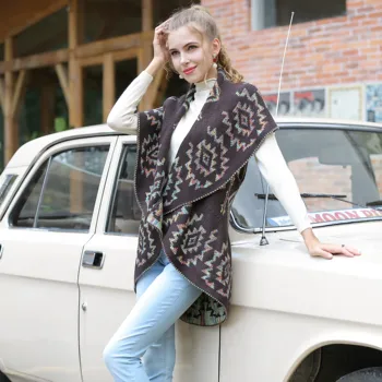 

Autumn and Winter Casual Women Cardigan Jacquard Sleeveless Ladies Sweaters Knitted Turn-down Collar Shawl Cape 2019 New