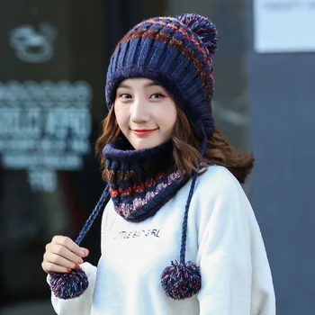 

6 Style Winter Women Knitted Hat Scarf 2Pcs Set Fashion Wool Thickening Hat Collars Female Warm Hat Scarf Set Snow Caps