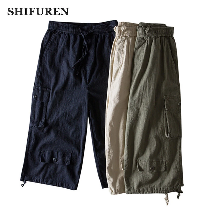 mens cotton cargo shorts elastic waist