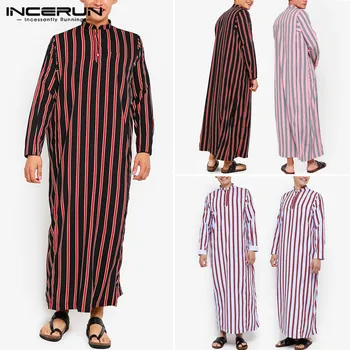 

Striped Men Jubba Thobe Islamic Arabic Kaftan Long Sleeve Stand Collar Robes Fashion Middle East Dubai Men Muslim Kaftan INCERUN