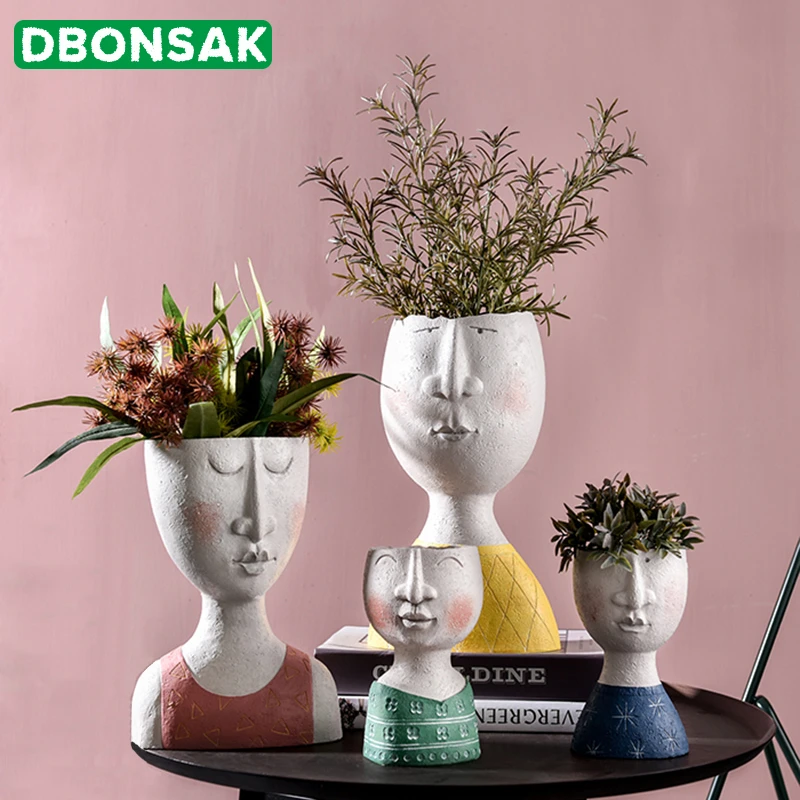 Human Face Portrait Sculpture Flower Pot Vase Resin Creative Garden Ornament
