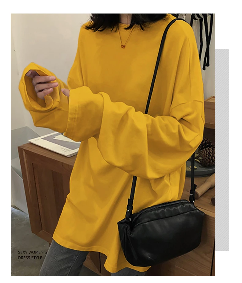 2021 spring Solid Simple oversized tshirt harajuku long T Shirt Women kawaii T-shirts Women 90s White yellow long Sleeve Tops