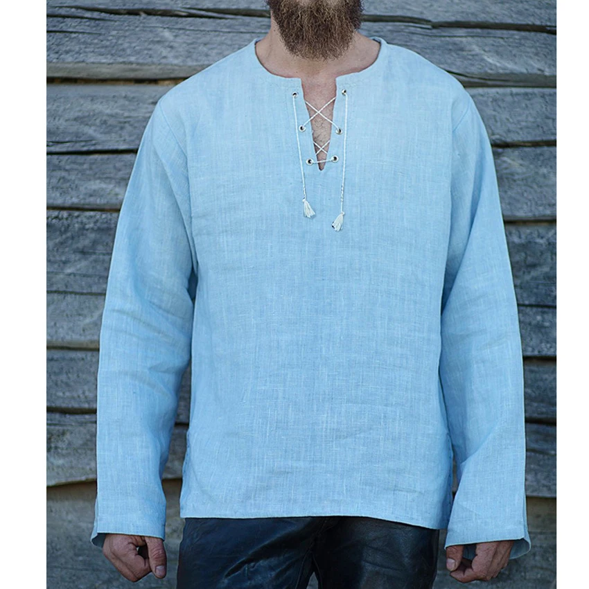 Sky blue Men Viking Pirate Full Sleeve T-shirt Medieval Cosplay Costumes Bandage V-neck Linen Breathable Ranger Knight Retro Clothing - Цвет: Sky blue