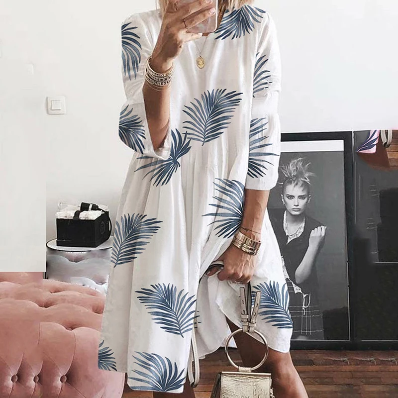 

2019 Women Autumn O Neck Long Sleeve Printed Loose Casual Plus Size S-5XL Beach Boho Style Holiday Fashion Maxi Dress SJ3823E