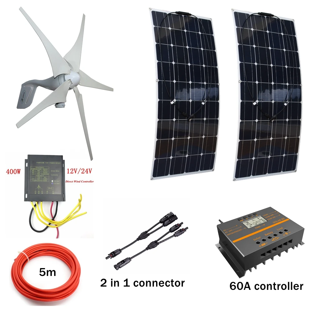 

2pcs 100W Flexible Solar Modules+400W Wind Generator With 60A Controllers Wind Solar Hybrid Power System For Beginner