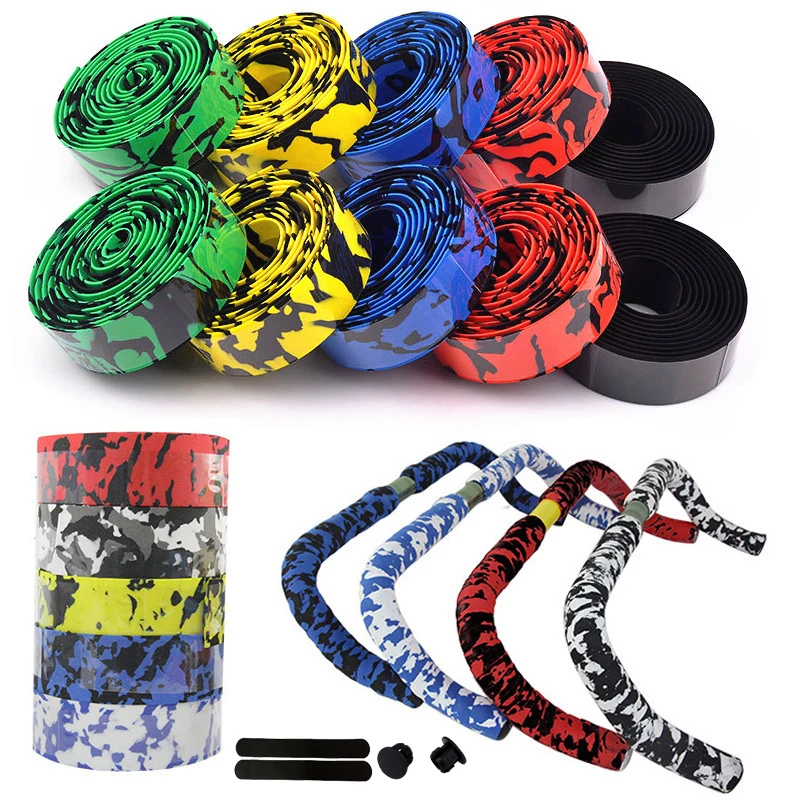 Bike Handlebar Tape Bike Accessory 2Pcs Bicycle Handlebar Tape Camouflage Cycling Shock Anti-Slip Bar Tape With Bar Plugs
