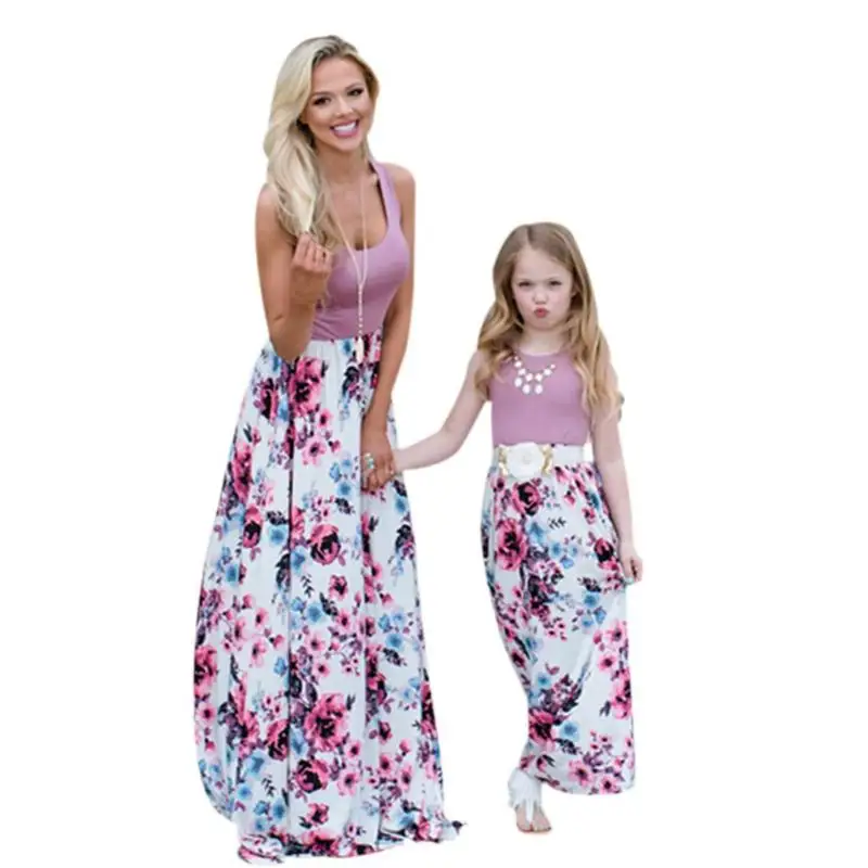

Mother-Daughter Dress Floral Patchwork Dress Slim Family Matching Outfits Printed Parent-Child Dresses for All Seasons