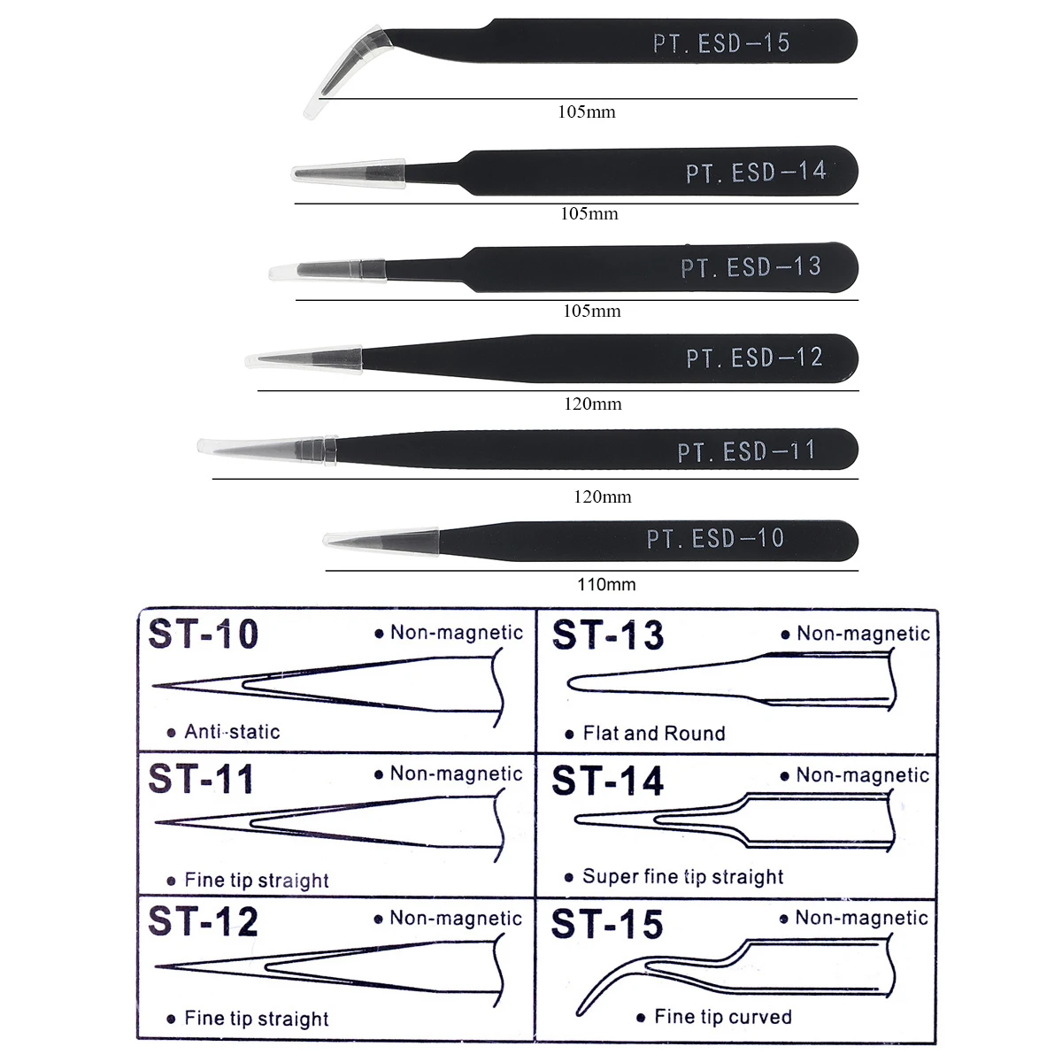 6pcs Stainless Steel Tweezer 1.0MM Anti Static Fix Repair Tool Kit for Electronics Jewelry Fine Craft Mobile phone Sticker Drill