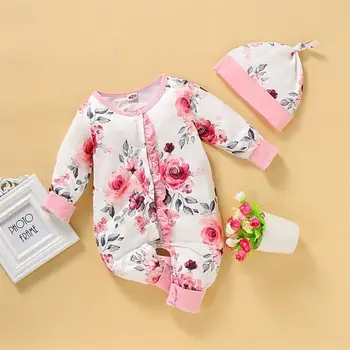 

Emmababy Autumn Newborn Baby Girl Long Sleeve Floral Printed Ruffles Lovely Romper Playsuit Jumpsuit Hat Clothes Outfit