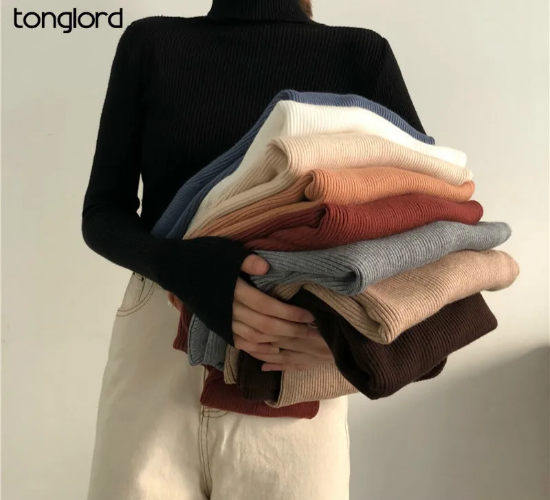 

Tonglord 2020 Autumn New Sweater for Women Long-sleeved Pure Color Pullover Ladies Sweater Sexy Slim Acrylic Warm Knitted Top
