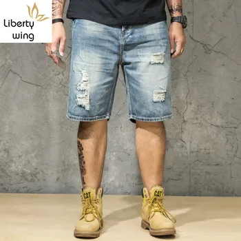 

Summer Mens Hole Ripped Denim Plus Size 46 Casual Cowboy Jeans Hip Hop Loose Thin Cargo Shorts Streetwear Knee Length