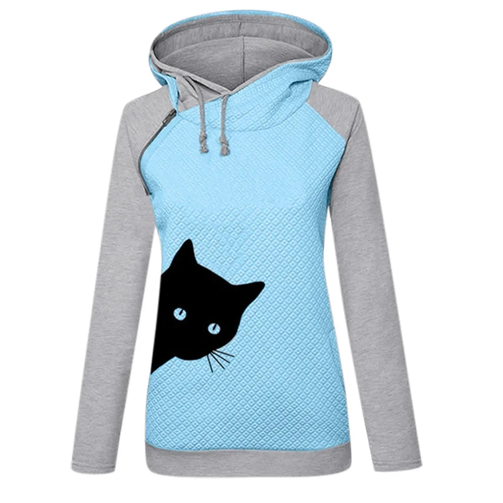 Большие размеры women женские толстовки Толстовка черная кошка печать Осенняя толстовка с капюшоном светло-синий Хэллоуин Свободный пуловер Топы# G7 - Цвет: Синий