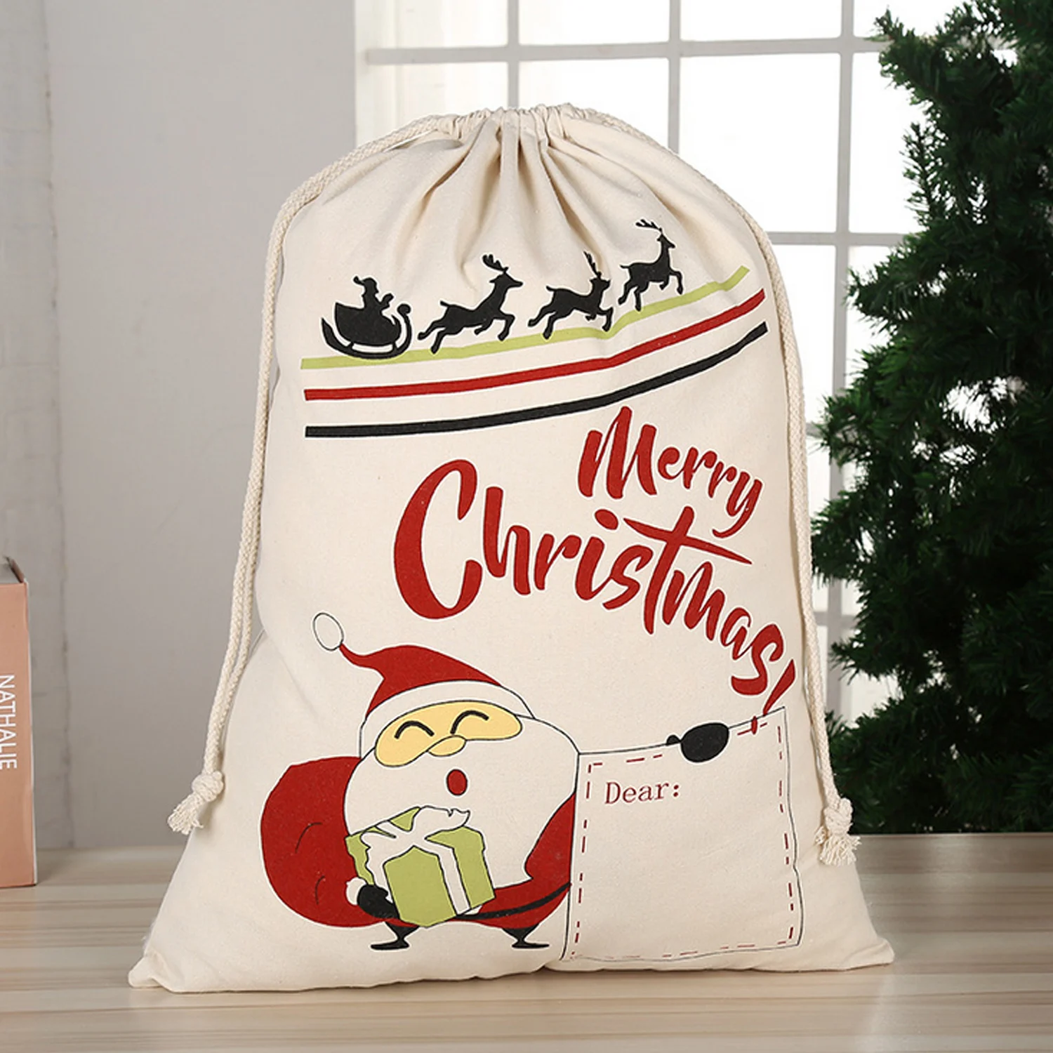 

Behogar Merry Christmas Santa Sacks Large Canvas Goodie Bags with Drawstring Closure for Xmas Party Favors Kids Gifts 50 x 70cm