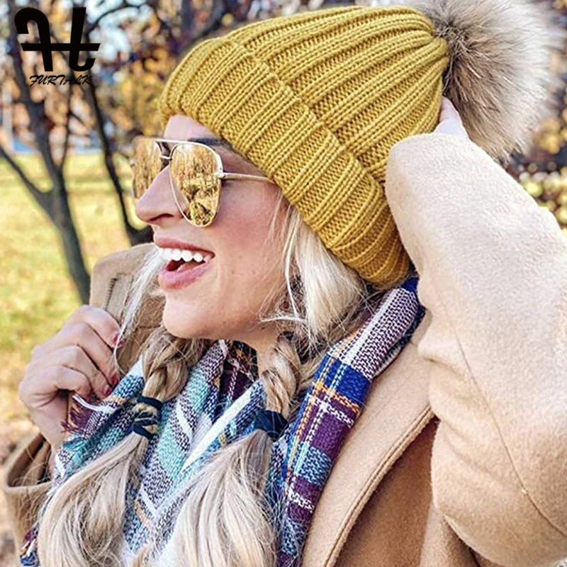 Furtalk Трикотажные Настоящее Меховая Шапка 100% Реальная Мех Енота Пом Hat Зима