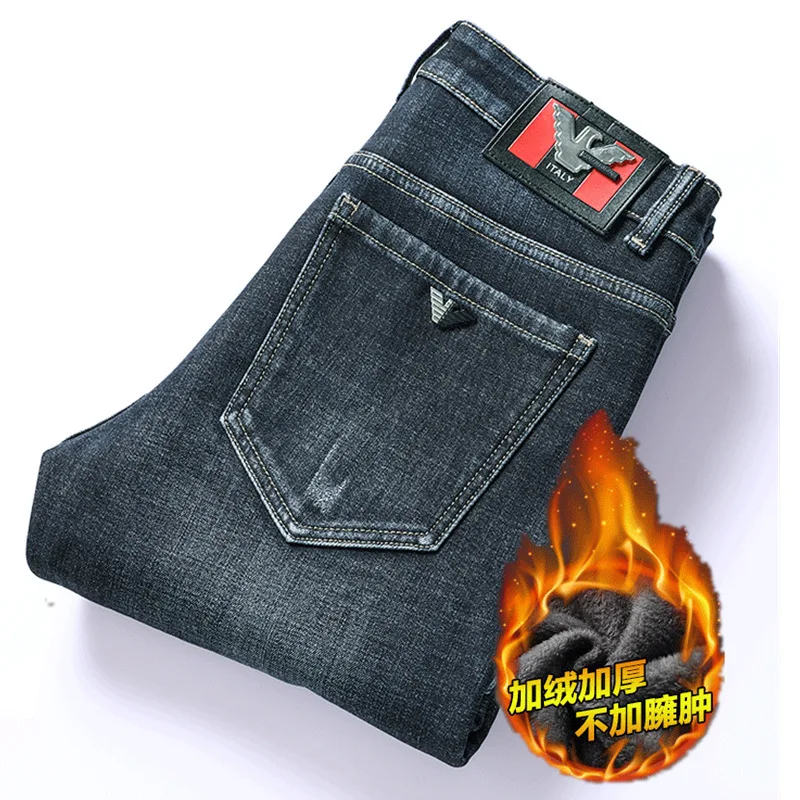 

2019 Winter Large Brand Brushed And Thick Jeans Young MEN'S Elasticity Casual Medium Waist Straight-Cut Warm Trousers Men's