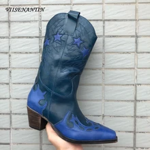 VIISENANTIN Retro Leather Lady Cowboy Boots Chunky Heel Color Match Embroidery Stars Decor Fashion Boot High-end Quality