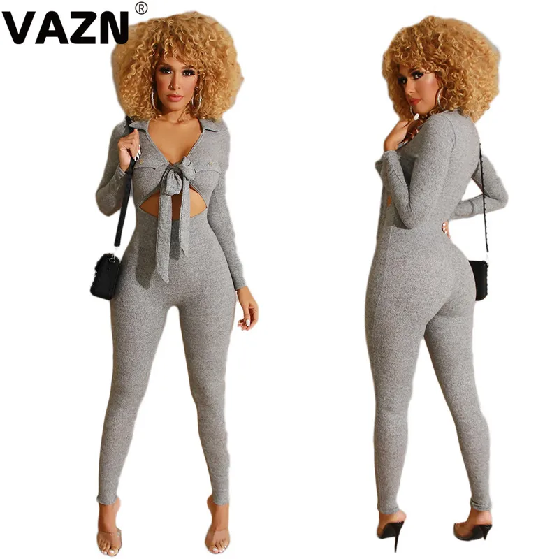 VAZN DAN8199 новые открытые кружевные брюки-карандаш однотонные повседневные женские комбинезоны сексуальные длинные штаны с v-образным вырезом Мягкие облегающие комбинезоны