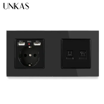 

UNKAS Crystal Glass Panel EU Standard Socket With Dual USB + RJ45 CAT5E Internet Computer Jack RJ11 Telephone Wall Data Outlet