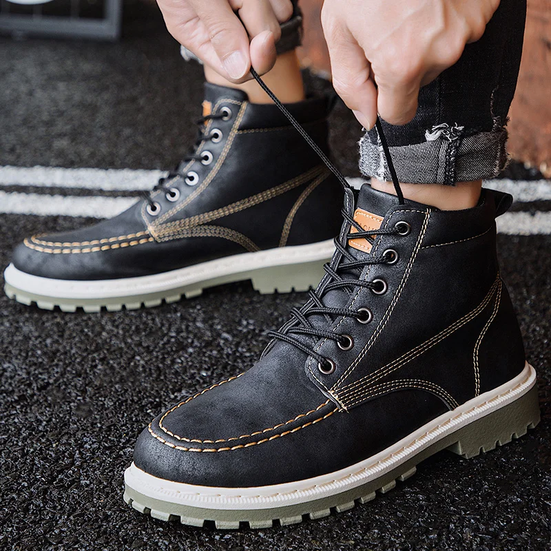 

2019 Autumn Boots Men Shoes Leather Ankle Snow Men Boots Shoes Fashion Motorcycle Boots Men Vintage Classic Male Casual Booties