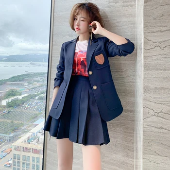 

Lapel embroidered patch badge suit + high waist pleated A-line skirt suit female 2020 autumn new