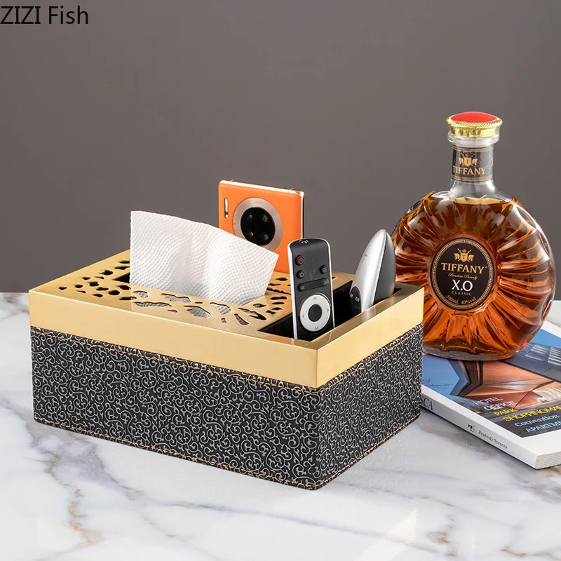 Metal leather tissue box Paper box Desktop storage organization ornaments Black print Embossed golden hollow Home Decoration 4