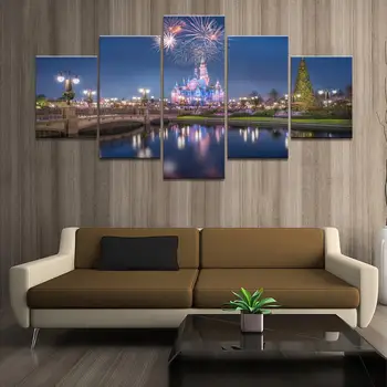 

Home Decor Poster Pictures Prints Canvas 5 Piece Modular Castle Fireworks Scenery Living Room Decorative Painting Framed