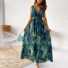 

2022 Sexy Deep V-Neck Dresses Ankle-Length Beach Party Dress Robe Clubwear Women's ClothingNew Printed Lace Summer Dress Women