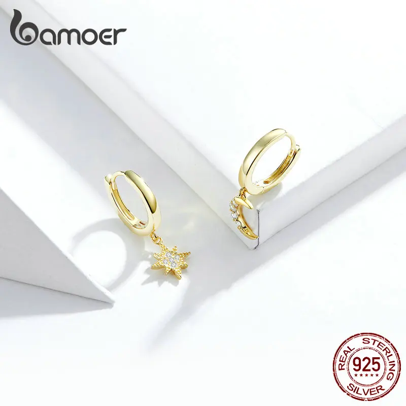 bamoer Genuine 925 Sterling Silver Moon and Star Dangle Earrings with Charm Clear CZ Gold Color Jewelry 2020 New Bijoux SCE785