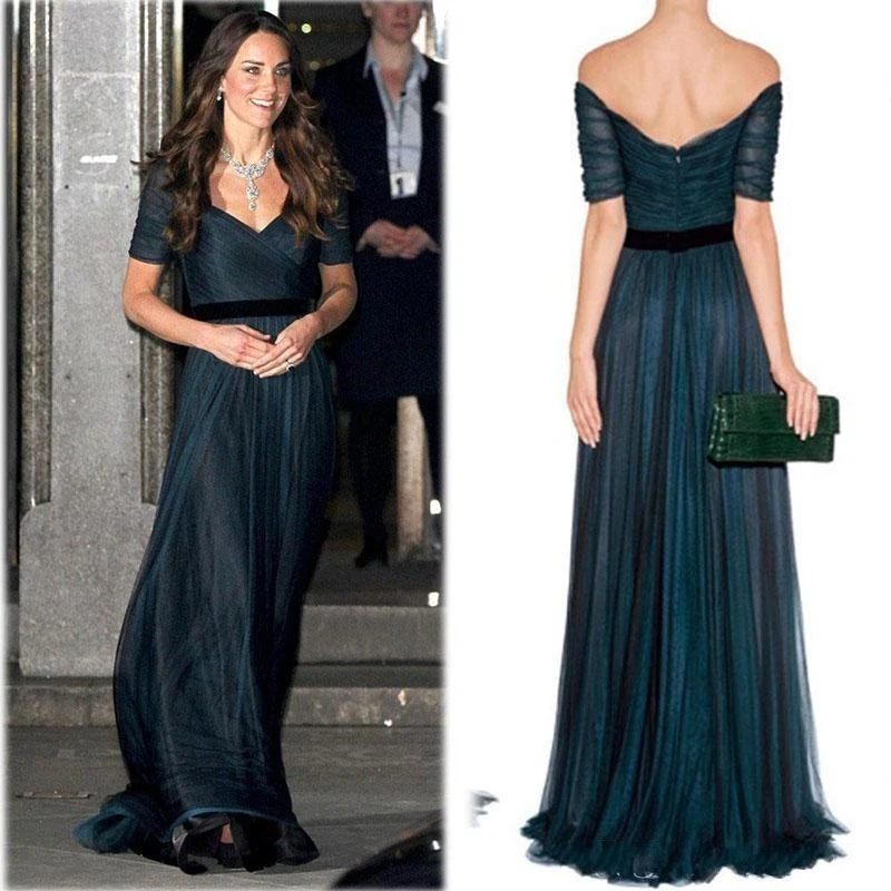 Kate Middleton, ТРАПЕЦИЕВИДНОЕ ПЛАТЬЕ знаменитостей, вечернее платье, Чернильное синее милое платье с открытыми плечами и рюшами, Тюлевое платье для выпускного вечера с поясом