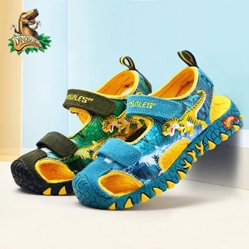 

DINOSKULLS Kids Sandals 5 Boys Dinosaur Closed Toe Cut-Outs 2020 Summer New Beach Shoes Children T-rex Sandals Fashion Fastening