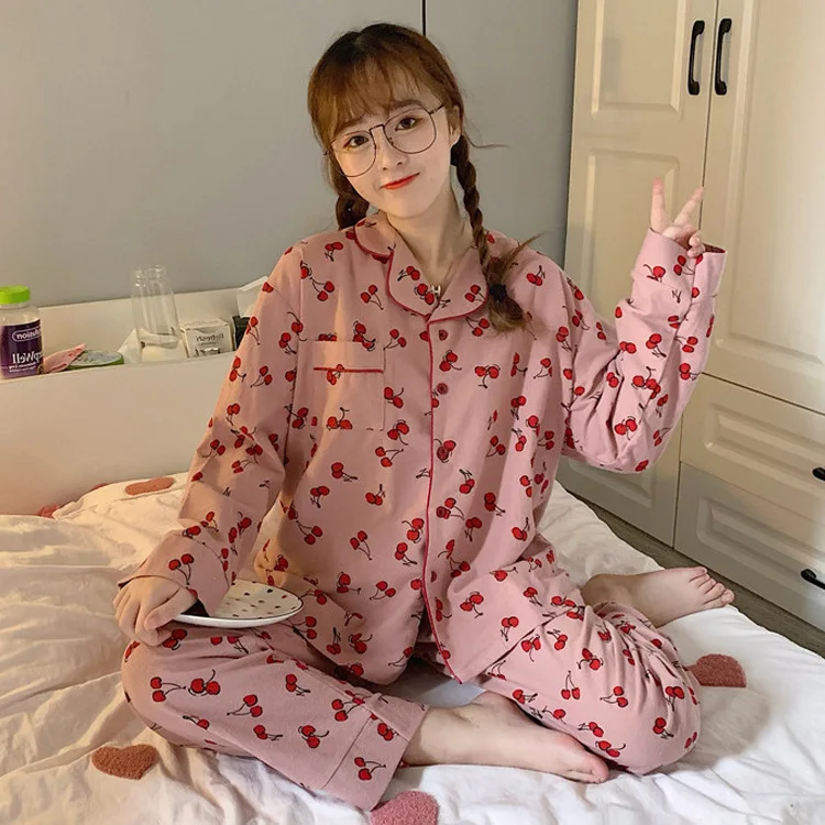 

2019 Autumn And Winter New Style South Korea Sweet Cherry Loose-Fit Brushed Long Sleeve Tracksuit Students Pajamas WOMEN'S Suit