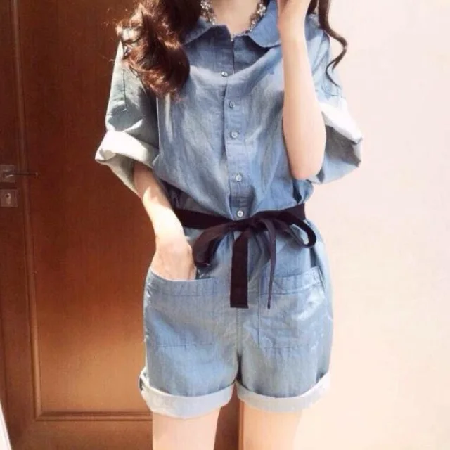 

2019 New Female Loose Student Jumpsuit High Waist Wide Leg Shorts Denim Jumpsuit