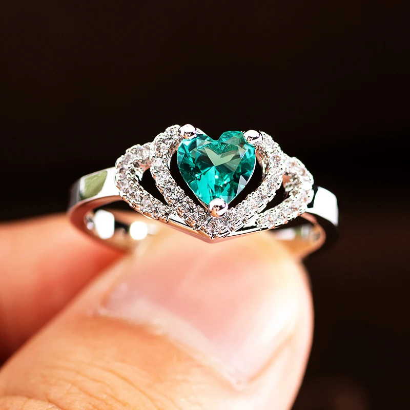 Fashion Crystal green zircon heart Shaped Wedding Rings For Women Rose Gold Elegant Engagement
