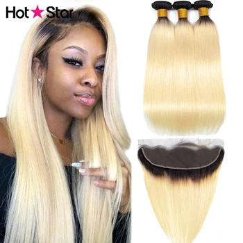 

1B 613 Bundles With Frontal Hot Star Brazilian Straight Remy Human Hair Dark Roots Honey Blonde Bundles With Frontal Closure