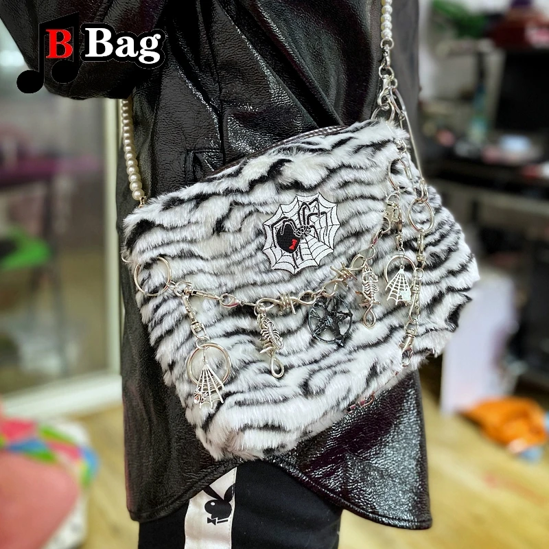 Harajuku Y2K Woman Animal pattern Plush Single Shoulder Bag Tote Gothic Hot  Girls Punk Chain Furry Messenger Bag Handbags Female - AliExpress