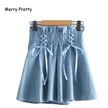 Merry Pretty джинсовые Женские однотонные джинсовые юбки на шнуровке, осень, плиссированные мини-юбки с высокой талией, Женская эластичная джинсовая юбка