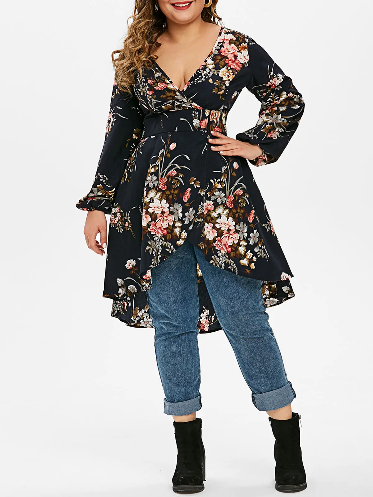 ROSEGAL 5X топ с цветочным принтом, асимметричная блуза с длинным рукавом и глубоким вырезом, женская сексуальная винтажная длинная туника с высокой талией, рубашки