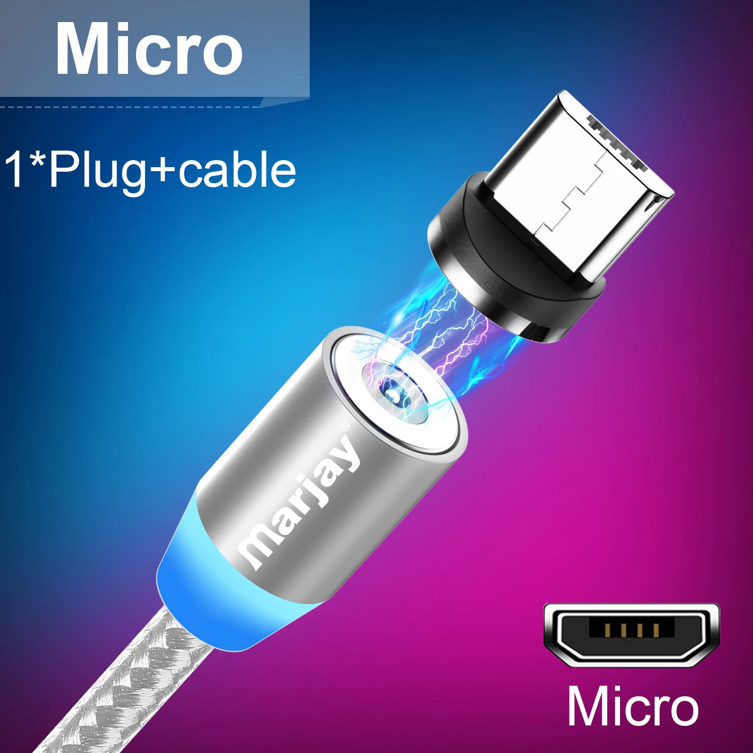 Магнитный usb-кабель Marjay для быстрой зарядки для huawei, кабель type-C для samsung, магнитный usb-кабель для зарядки iPhone, кабель Micro-USB - Цвет: Sliver for Micro USB